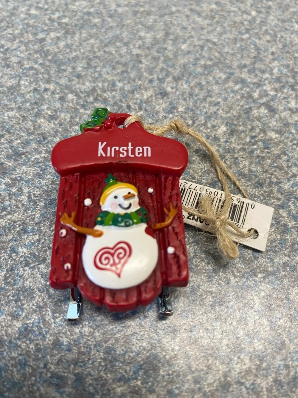 GANZ NEW Red Sled with Snowman Ornament with name (Kirsten)